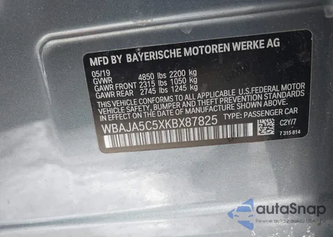 2019 BMW 530I from USA, damaged, VIN WBAJA5C5XKBX87825